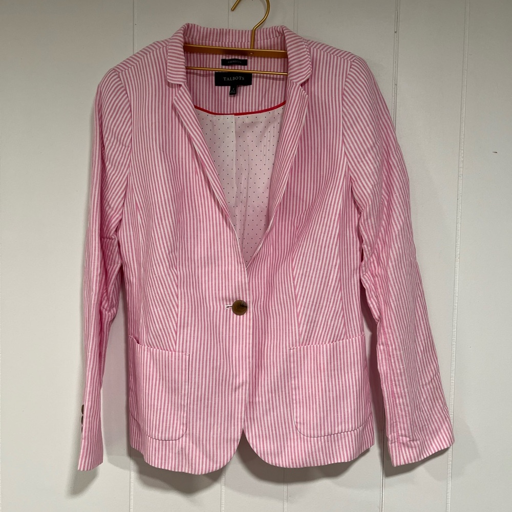 Talbots Aberdeen Linen Pink Striped Blazer Sz 4 - Picture 4 of 16
